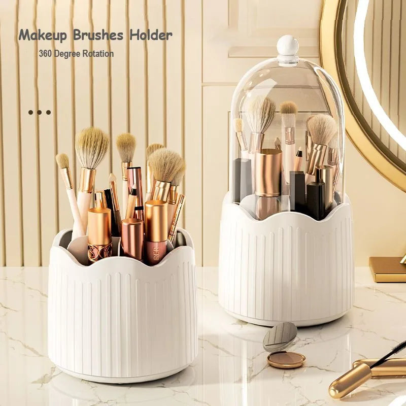 360 Degree Rotating Makeup Brush Holder Cosmetics Organizer With Lid Vanity Lipstick Storage Box