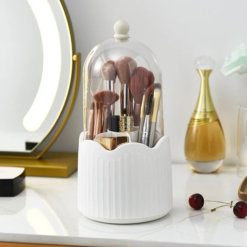 360 Degree Rotating Makeup Brush Holder Cosmetics Organizer With Lid Vanity Lipstick Storage Box