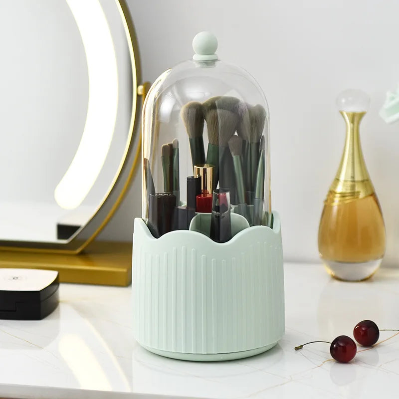 360 Degree Rotating Makeup Brush Holder Cosmetics Organizer With Lid Vanity Lipstick Storage Box