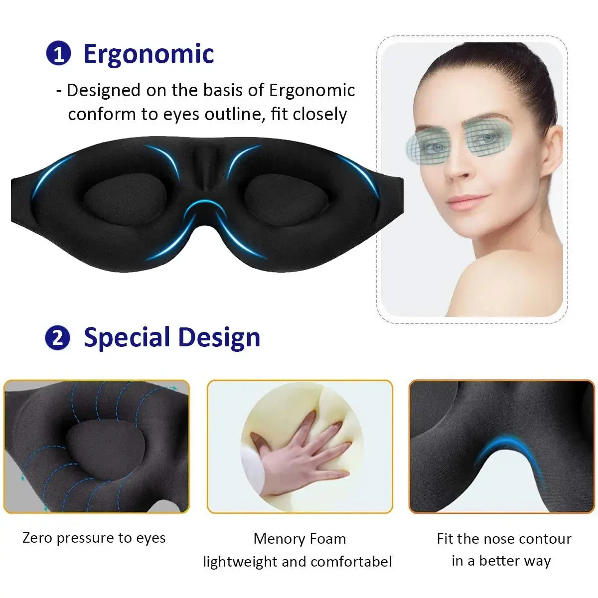 3D Contoured Sleep Mask - Block Out Light for Men & Women