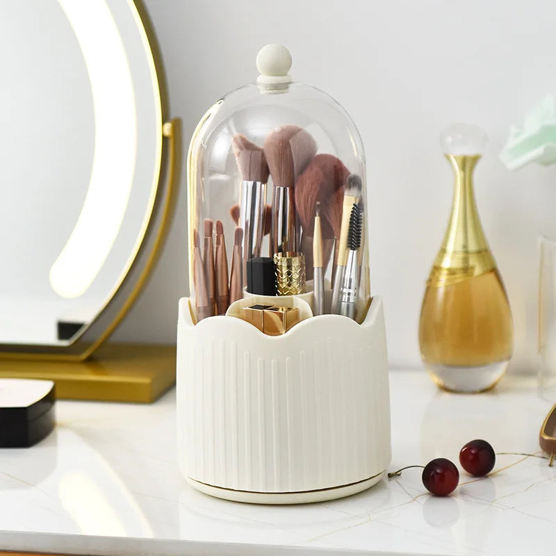 360 Degree Rotating Makeup Brush Holder Cosmetics Organizer With Lid Vanity Lipstick Storage Box